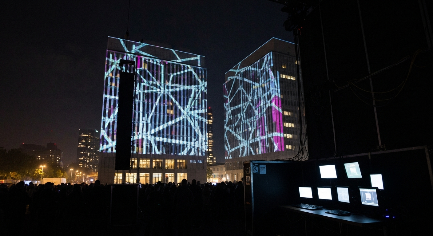 Large-scale projection-mapped installation exterior at night