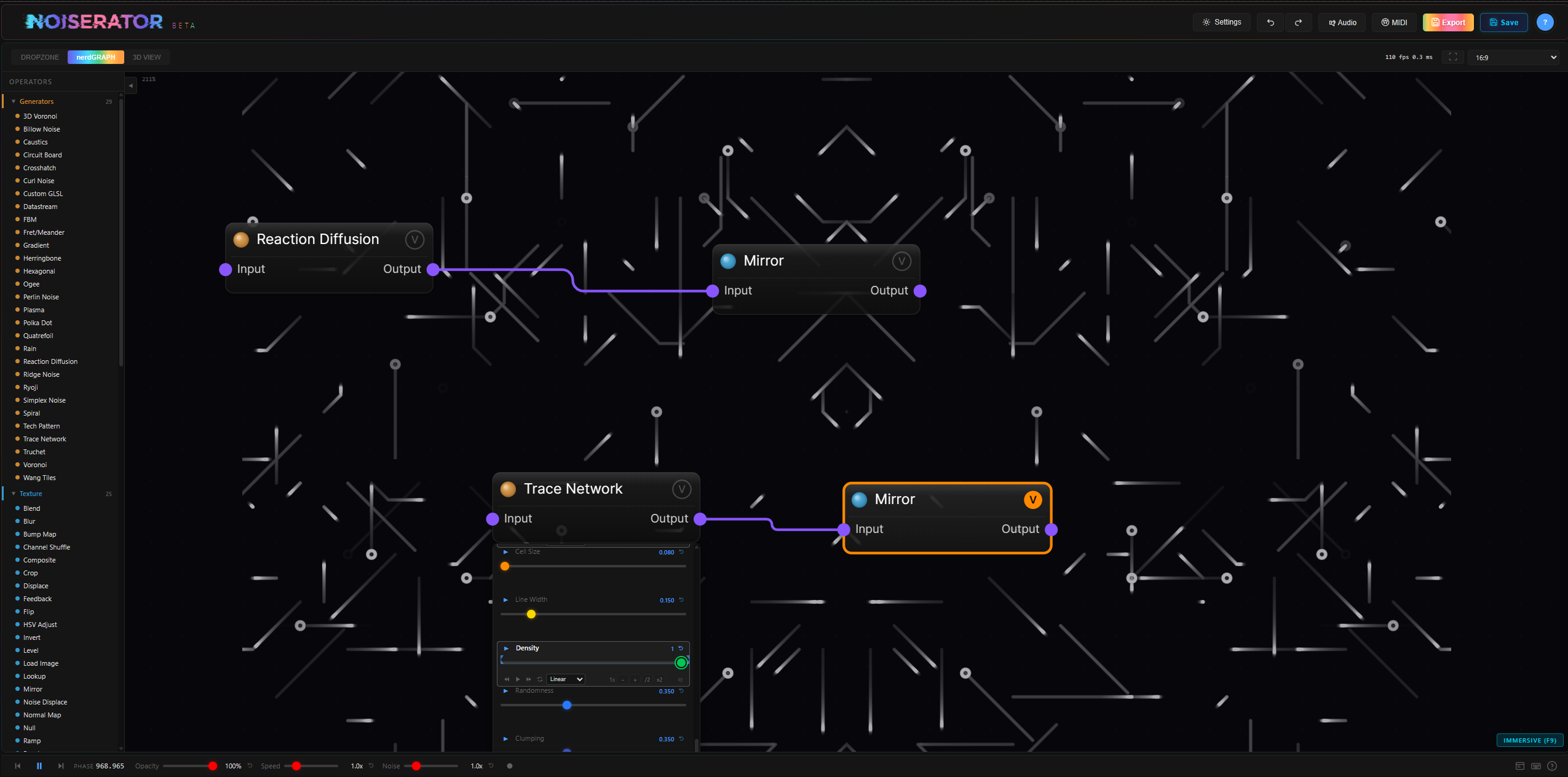 Noiserator node graph editor with Reaction Diffusion and Trace Network nodes chained through Mirror effects