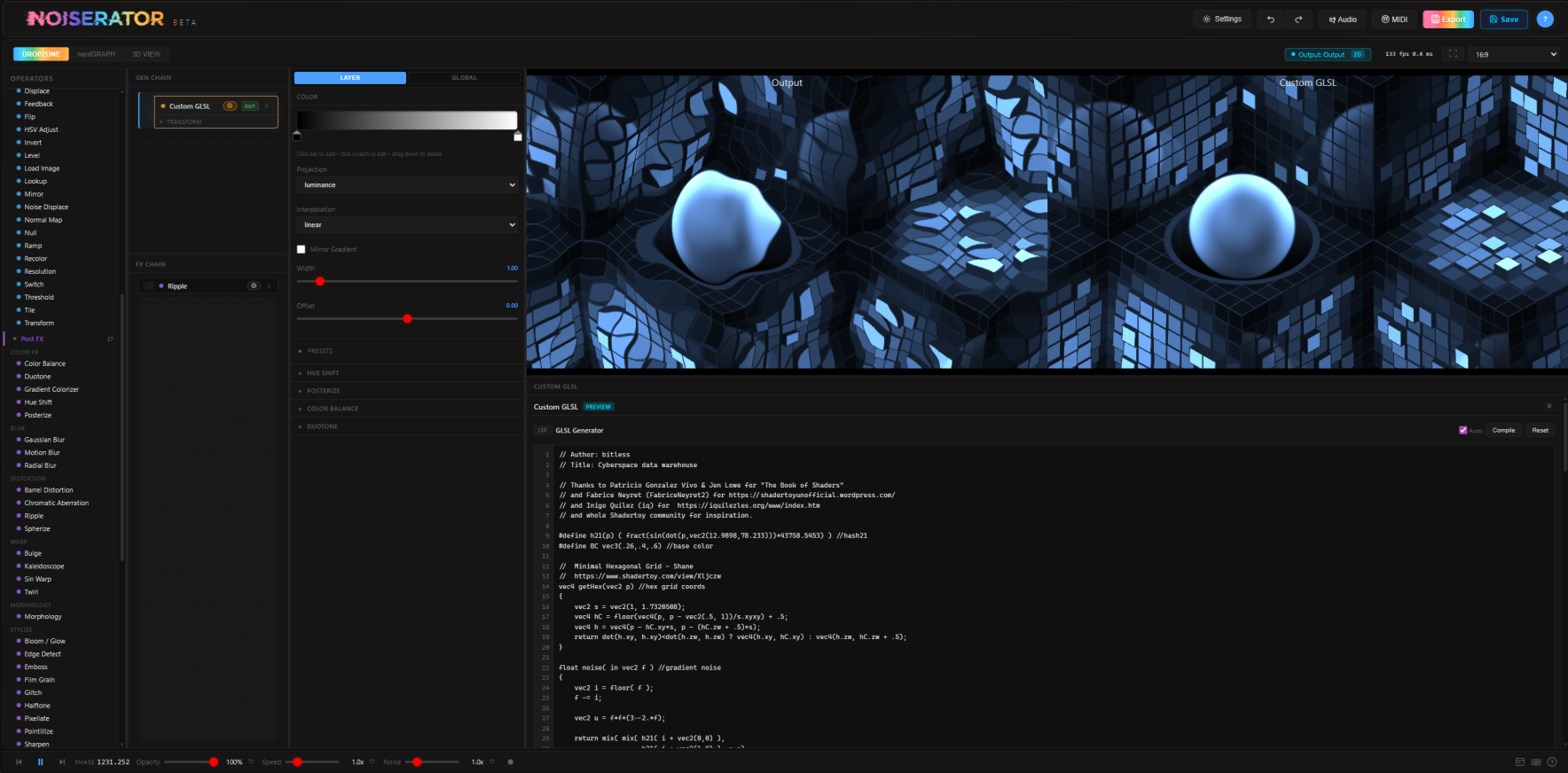 Noiserator GLSL code editor with split 3D preview showing custom shader on reflective sphere geometry