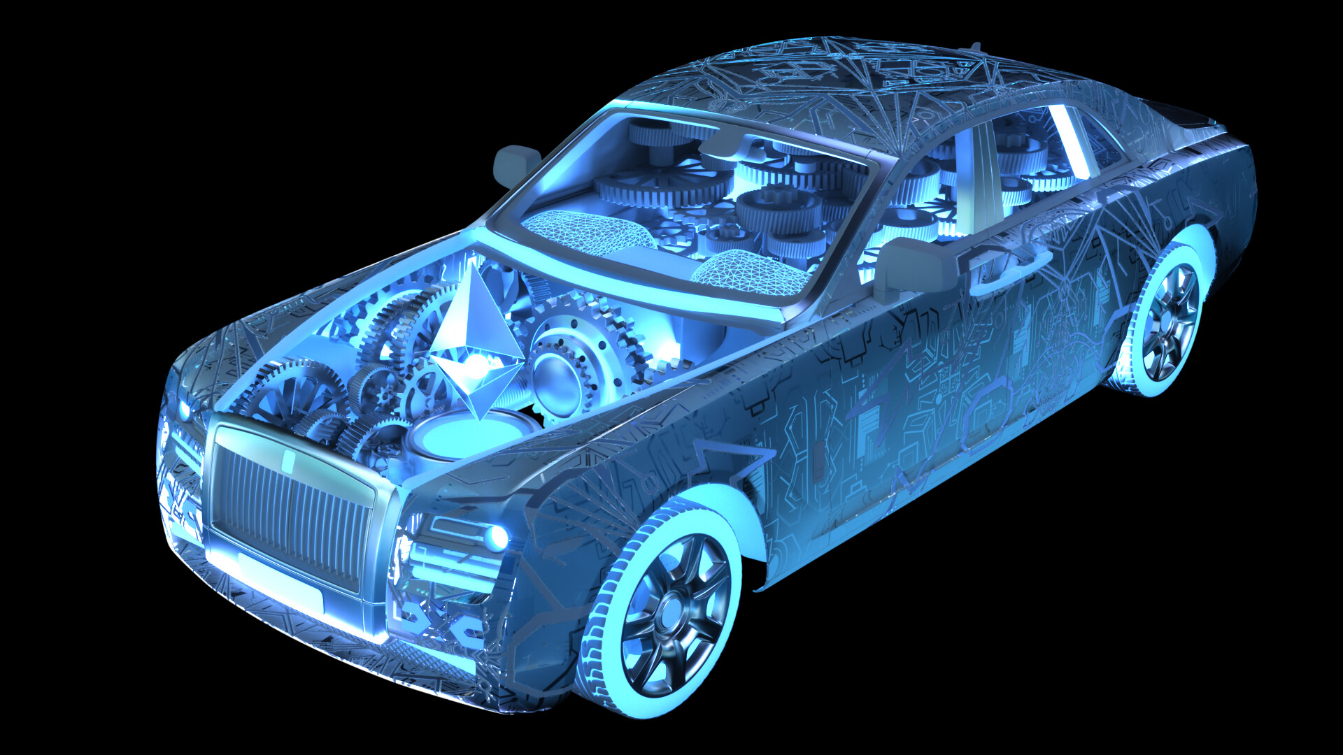 3D model of the Rolls Royce Ghost with blue wireframe and mechanical gears