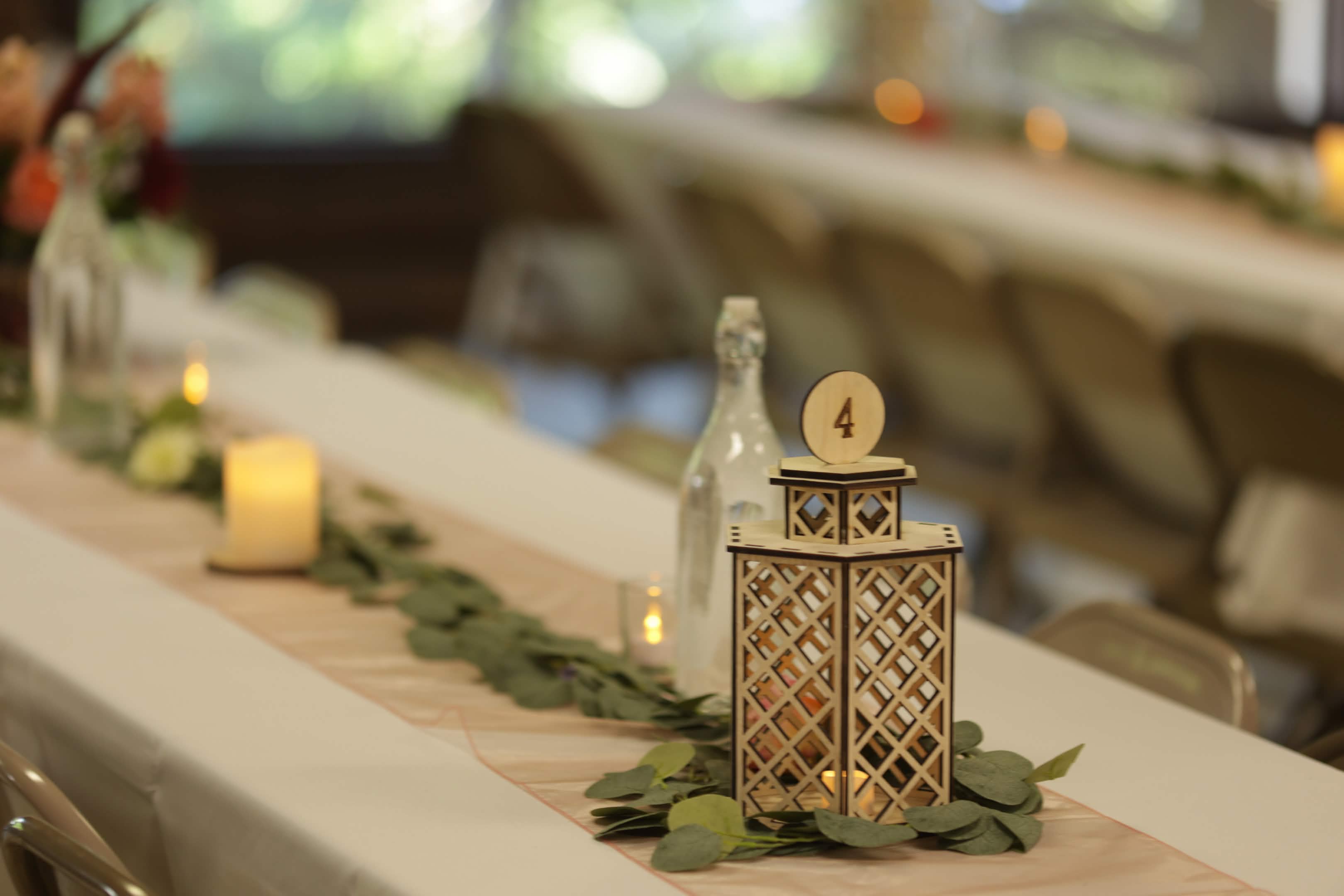 Laser-cut wooden table centerpiece lantern with table number