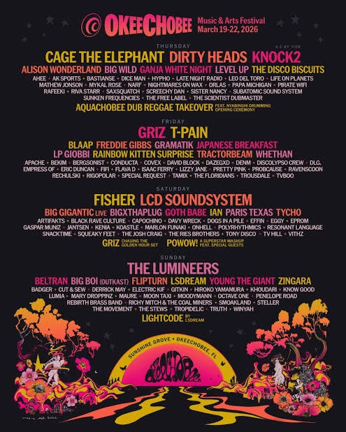 Okeechobee Music & Arts Festival 2026 lineup poster - Sunshine Grove, March 19-22, 2026